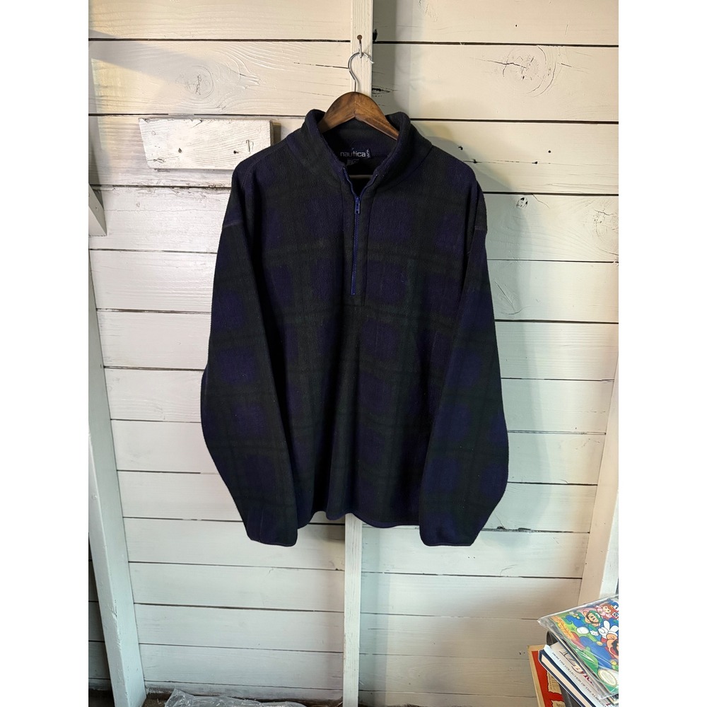 Nautica Mens XL Quarter Zip Fleece Pullover Plaid Navy Blue Green Mock Neck